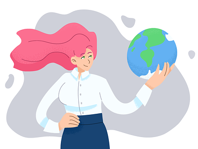 The world is in the hands character earth female power flat girl illustration pink planets vector world