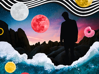 🌊🌕🌄 collage digital collage donut landscape moon silhouette tides unsplash waves