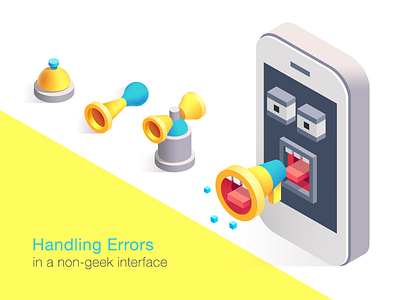 Handling errors in a non-geek interface 2d character creature cube icon illustration isometric notifications