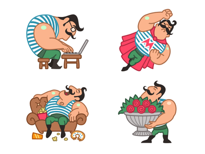 Mario The Muscle Man charactar couch emotion flowers food love mascot muscle nerd sticker strong superman