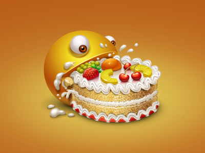 Pacman Birthday ananas cake cherry cream eat eating gift grapes icon iconka pacman peach strawberry virtual