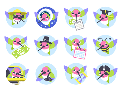 Hugo Insurance Character & Badges animal badge badge design bird character character design icon illustration