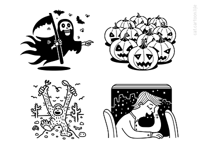 Find A Cat blackandwhite cat character contest death grim reaper halloween illustration outline pumpkin puzzle qiuz riddle