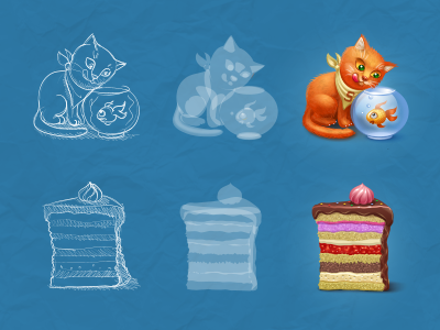Some icons for Spaces.ru cake cat dinner drawing eat fish goldfish icon iconka piece process sketch