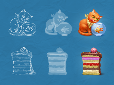 Some icons for Spaces.ru cat cake fish process sketch drawing piece dinner eat goldfish icon iconka