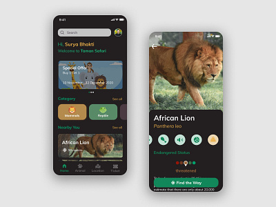 To The Wild - Zoo app android animal animals app application clean conservation dark mode design forest green ios lion mobile mobile app mobile design savanna ui ux zoo zoo app