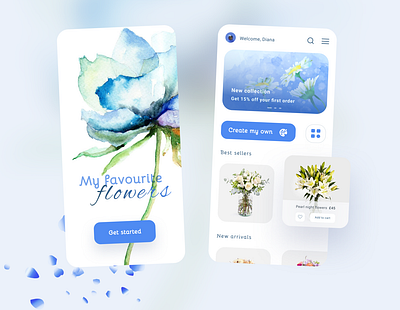 Flowers shop account app banner blue blue and white colors cta cta button design ecommerce flowers inspiration menu minimal petals ui uidesign ux uxdesign