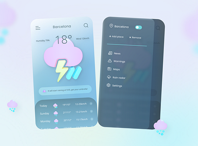 Weather app 3d app colorpalette colors design glassmorphism gradient inspiration location minimal mobile rainy storm ui uidesign ux uxdesign weather weather app wind