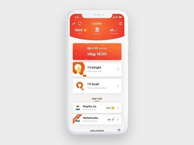 Overview page for QuizBet app clean dashboard flat game gamification gaming gradient ios minimal orange overview quiz ui user experience user interface ux