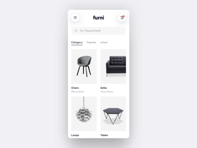 Furni - Light E-commerce App - Part 2 app categories clean dashboard design e commerce explore flat ios minimal minimalistic modern search shop simple ui user experience user interface ux white