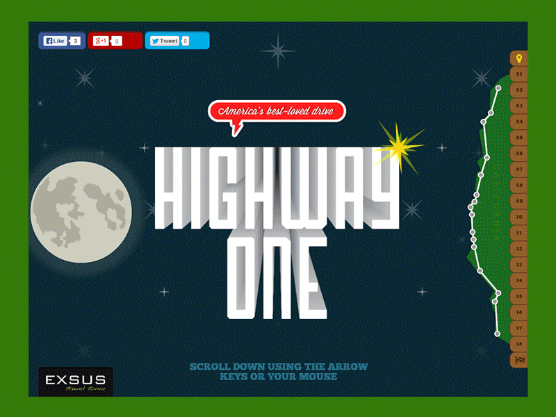 Highway One bold cadillac colourful illustration retro vintage web design
