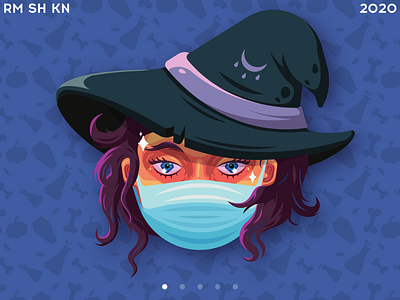 Witch in medical mask cartoon character costume girl halloween design halloween party hat illustrator medical mask pandemic purple hair quarantine safety stay home trickortreat vector witch wizard