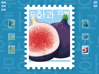 Post stamp with fig fruit art delicious design exotic fig food fruit fruits healthy hieroglyphs illustration korean post stamp style tropical vector vegan food vegetarian vitamin