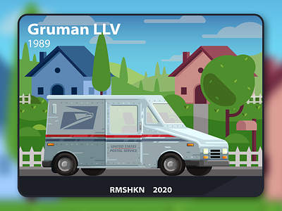 Grumman LLV Postal service car illustration background buildings car card colorful delivery design details flat illustration mail nature park post service style suburban trees ui vector