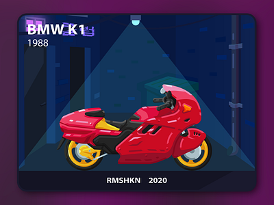 BMW K-1 Motorcycle illustration akira background colorful cyberpunk design details flat futuristic illustration light moto motorcycle night city red retrofuturism style ui urban vector vehicle