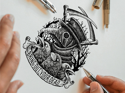 Bring Out Your Dead - Tattoo Commission badge design black and white illustration death illustration engraving illustration illustration pen and ink drawing pen and ink illustration tattoo design tattoo sketch vintage illustration