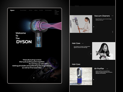 Dyson Website Redesign Concept branding conpect dark theme dark ui dyson fashion figma figma design flat minimal minimalist technologies technology typography uiux uxui vector web design website concept website design