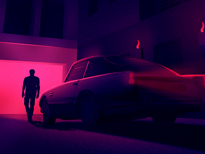 Illustration Retro Colors Car House Night