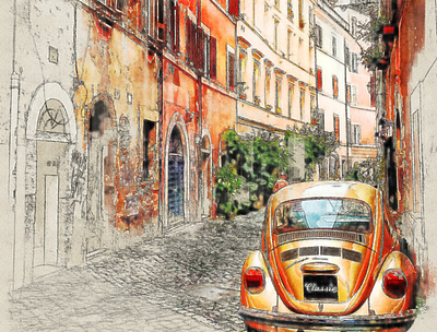 classic car and old architecture painting classic car paintings sketchbook sketching