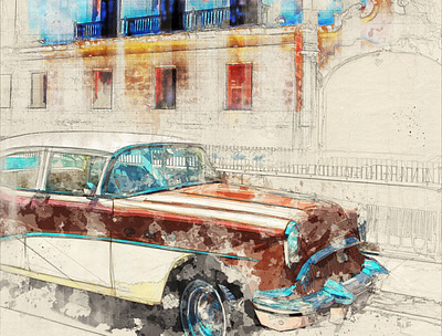 sketch car and architecture car old painting sketch