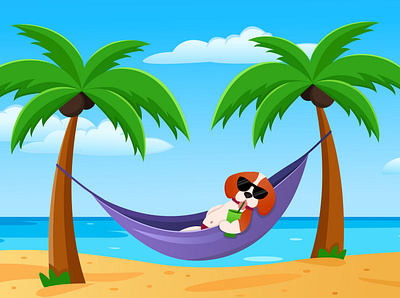 Beagle in glasses lies in a hammock on the beach 2022 2023 design flat graphic design illustration relax vector