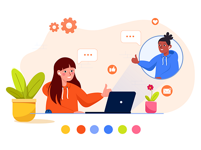 Online call good job. Flat illustration of remote work. Like online call
