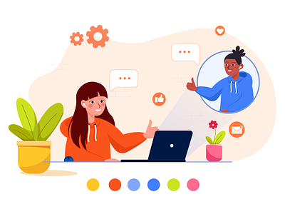 Online call good job. Flat illustration of remote work. Like