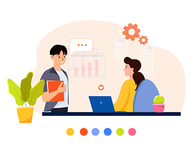 Office flat illustration. Asian man talking to woman manager in smart working
