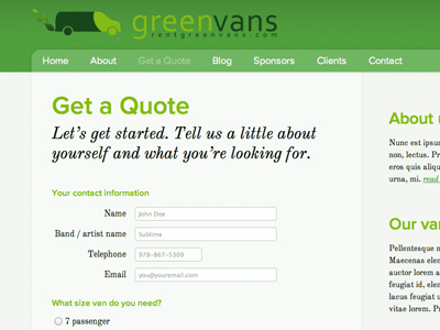 Greenvans "Quote" page form greenvans web typekit