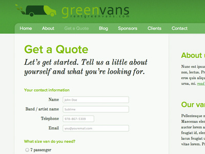 Greenvans "Quote" page form greenvans typekit web