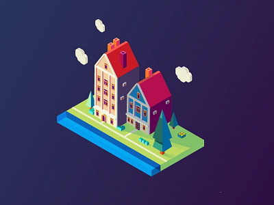 Isometry colorful houses illustration isometry plants vector