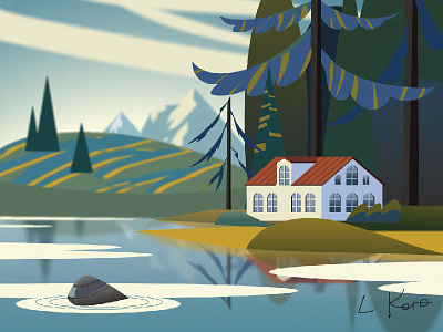 House in the mountains on the shore. Summer. forest house illustration lake landscape mountains summer vector
