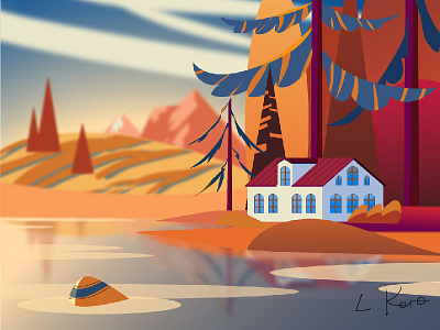 House in the mountains on the shore, autumn. autumn colorful forest house illustration lake landscape vector