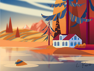 House in the mountains on the shore, autumn.