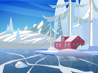House in the mountains. Winter. colorful ice illustration trees vector