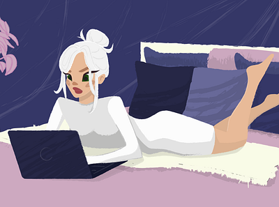 The girl at the laptop on the bed. design illustration vector