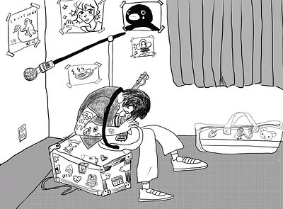 room guitar black and white cute drawing fun guitar guitarist illustration music