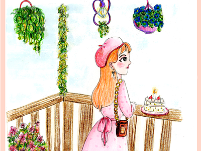 Balcón birthday cute girl illustration lonely