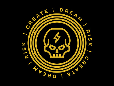 Skull - Dream, Risk, Create gold lightning bolt logo skull