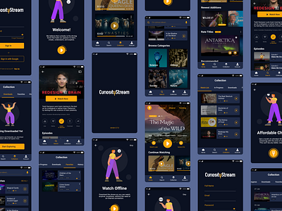 Curiosity Stream App Redesign android app blue branding dark design figma illustration mobile movie redesign stream ui ux yellow