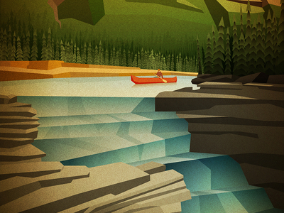Quiet day on the river is about to get interesting... adventure alberta athabasca falls canada digital art digital illustration illustration landscape lowpoly mountains outdoors vintage
