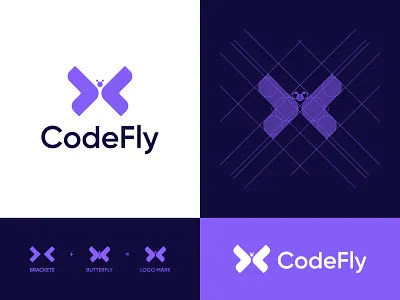 CodeFly, web, mobile app development company, modern logo design brackets brand identity branding butterfly code coding developer development development company fullstack it logo design mobile app modern programming software tech technology type code web