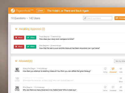 Pigeonhole Live Admin Panel comments filter qa question ui