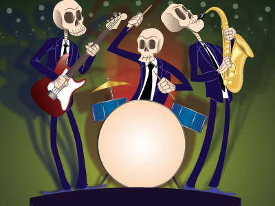 Skeleton Band band bass drum green guitar monster saxophone sexy skeleton