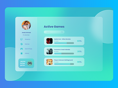 Glassmorphism Gaming Dashboard branding dashboard design figma games glassmorphism graphic design typography ui ux vector