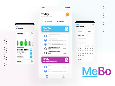Habit tracker MeBo appdesign diary habit tracker habits ios iphone iphone 12 pro mockup statistics task list task manager