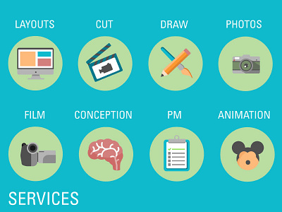 My Services > Icons brain camcorder camera checklist cut draw flat icons layout mickymouse pencil services