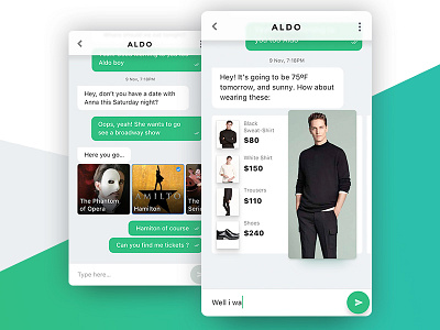 Aldo mobile chatbot Screens for IOS book bot chat glass gradient ios mobile shopping text tickets ui ux