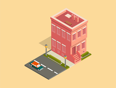 Isometric house by the road with car design graphic design house illustration isometric vector