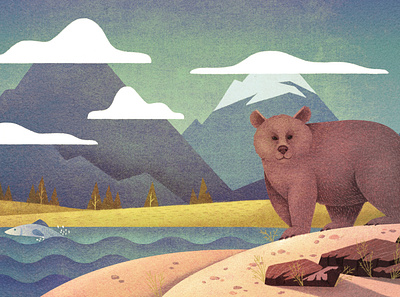 Natural areas of Russia bear fish illustration mountain
